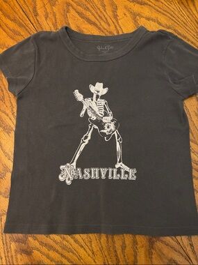 John Galt Brandy Melville Black Tee with White Nashville Skeleton Guitar Graphic